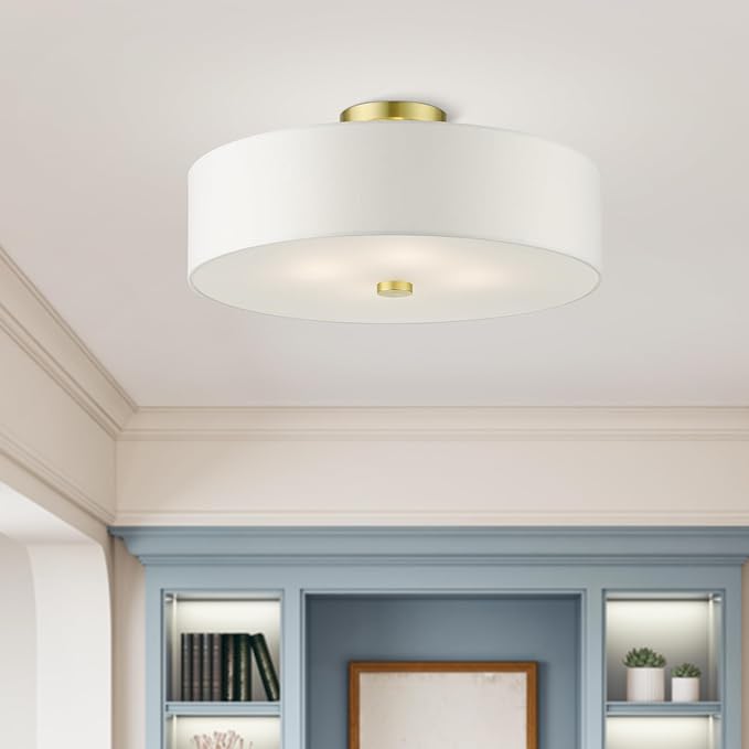 Livex Lighting 51055-12 Meridian Collection 4-Light Semi Flush Mount Ceiling Light with Off-White Hardback Fabric Shade, Satin Brass