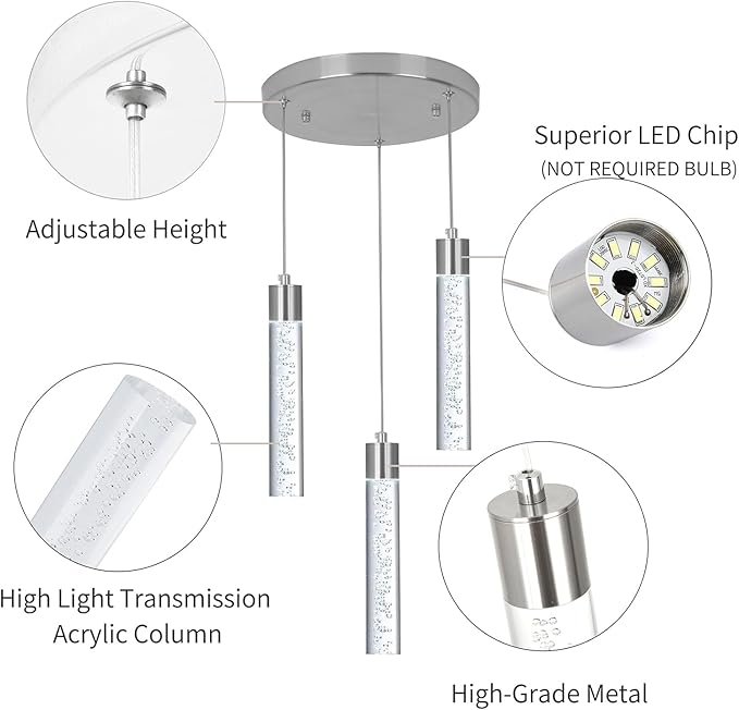 Pendant Lights Kitchen Island, 3-Light Brushed Nickel Cluster Pendant Light Fixtures, LED 6000K Kitchen Island Lights, Modern Hanging Light Fixture, Pendant Lighting for Dining Room Living Room