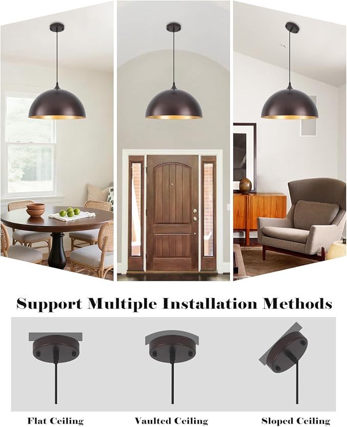 Bronze Pendant Lights Kitchen Island, 16 Inch Large Dome Pendant Light, Modern Farmhouse Pendant Light for Kitchen Island, Dining Room, Cafe, Bar, 2 Pack