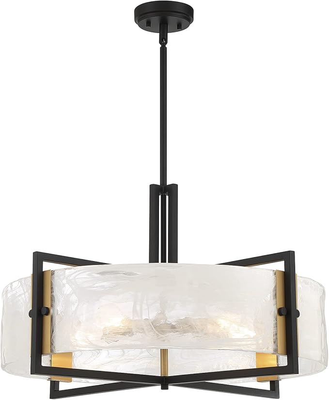Savoy House 7-1696-5-143 Hayward Modern Strie Piastra Glass Drum Pendant, 5-Light 300 Total Watts, 17" H x 28" W, Matte Black & Warm Brass