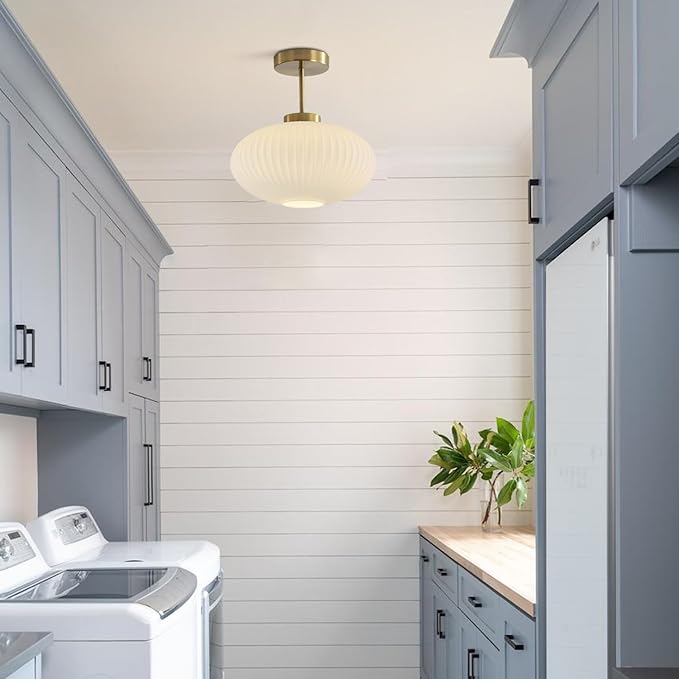 KCO Lighting 11.8‘’ White Ribbed Glass Semi Flush Mount Ceiling Light Large Milk Glass Ceiling Lights Fixture Brushed Gold Flush Mount Bathroom Light Mid Century Modern Entry Lights