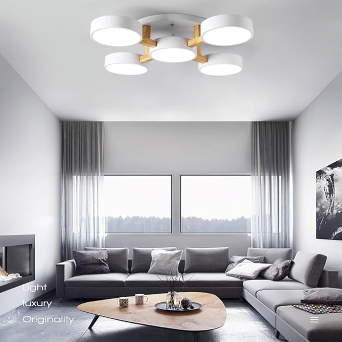 LED Ceiling Light Fixture,32 Inch 5-Lights Modern Ceiling Lights Flush Mount Wooden 55W Chandelier for Living Room Bedroom Kitchen,Dimmable 3000K/4000K/6000K Temperatures Selectable, White