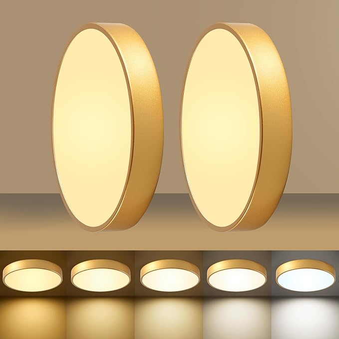 24W Dimmable Ceiling Light Fixture, 12 inch Flush Mount Light Fixture, LED Ceiling Lights Bedroom, Kitchen, Entryway, Super Bright 2700 Lumens, 300W Equivalent 5CCT(2700k-5000k) 2 Pack Gold