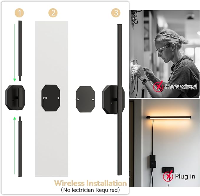 Battery Operated Wall Sconce Set of Two,Wireless Wall Sconces USB Rechargeable Wall Lights with Remote Control,3000K-6000K Dimmable for Bedroom,Background Wall,Living Room,Hallway,Wall Decor,28inch