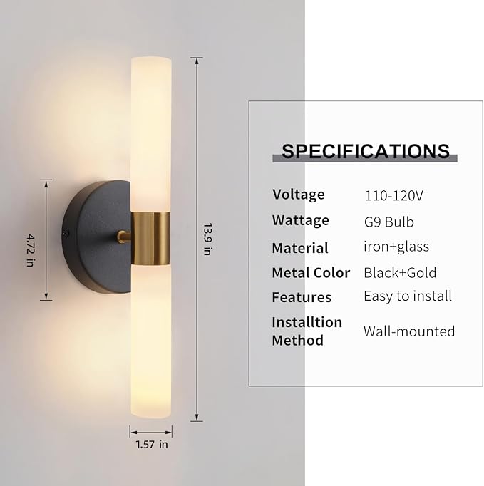 KUZZULL Wall Sconces Set of Two Black and Brass Lamp Sconces Lighting with White Glass Lights Wall Light Sconces Wall Decor Set of 2 for Living Room Wall Scones, Wall Lights