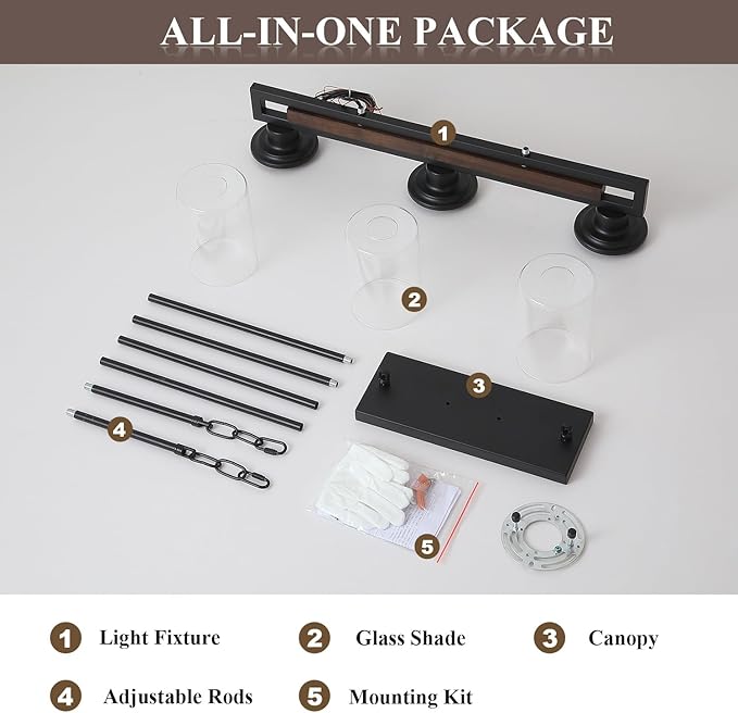Farmhouse Dining Room Light Fixture, 3-Light Wood Kitchen Island Lighting for Dining Room Over Table, Black Adjustable Pendant Light with Clear Glass Shades, Linear Chandeliers Lighting for Kitchen
