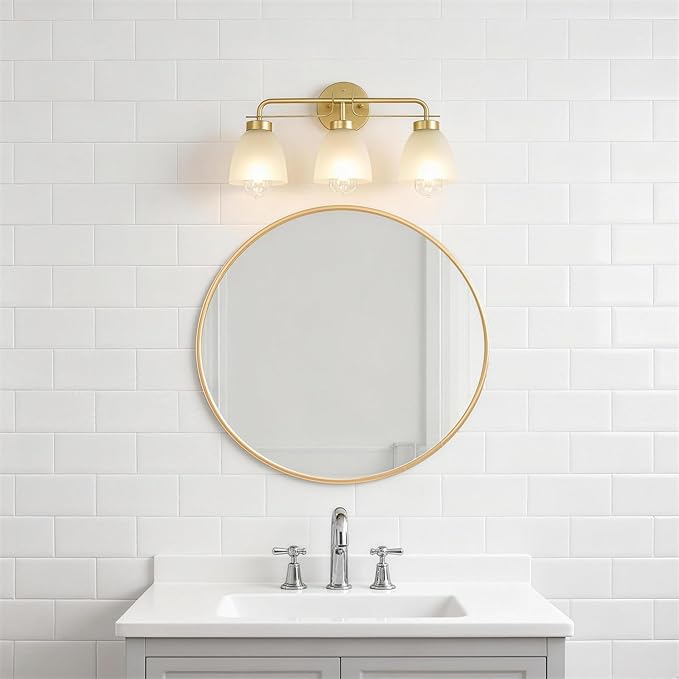 21 Inch Mid-Century Modern Vanity Lights, 3-Light Golden Bathroom Light Fixture with Frosted White Bell Shades, Industrial Wall Sconce for Mirror Over Vanity, Bedroom, Hallway