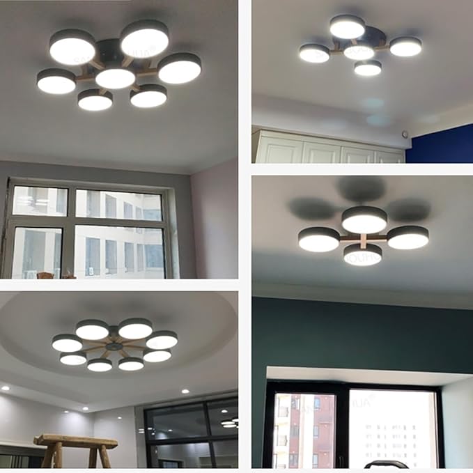 8-Lights LED Ceiling Light Fixture,44 Inch Modern Ceiling Lights Flush Mount Wooden 96W Chandelier for Living Room Bedroom Kitchen,Dimmable 3000K/4000K/6000K Temperatures Selectable, Grey