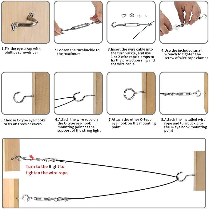 Outdoor Lights Hanging Kit,Globe String Light Suspension Kit,100FT Black Vinyl-Coated 304 Stainless Steel Guide Wire Cable,Include Wire Rope Tension Turnbuckle and Eye Hooks