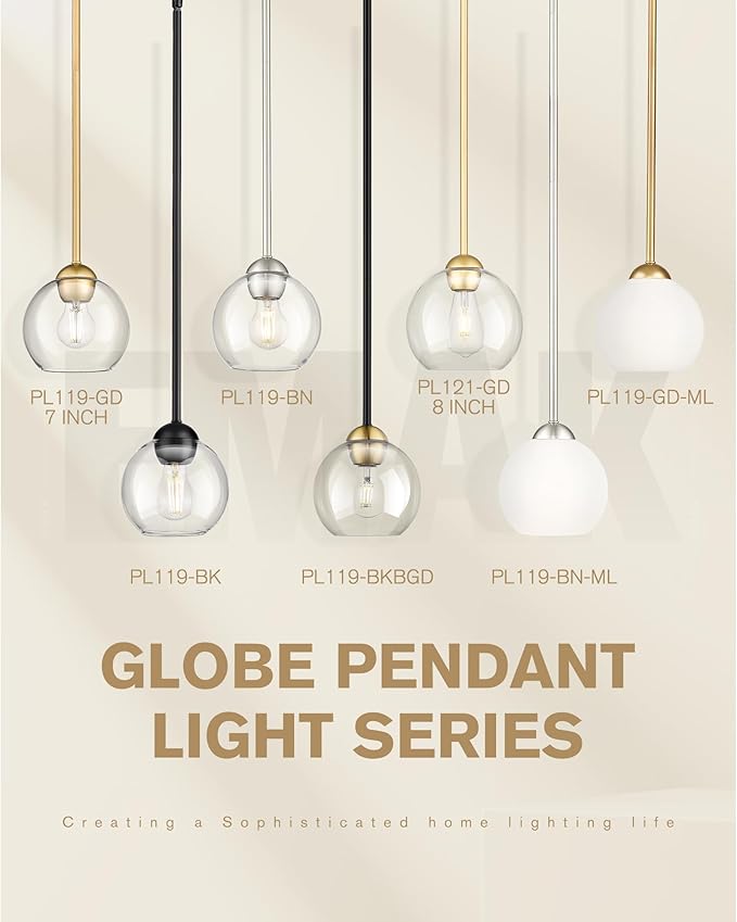 Emak Modern 7 Inch Globe Pendant Lights, Industrial Gold Pendant Light Fixtures, 1-Light Hanging Lights with Clear Glass Shade for Kitchen Island, Bedroom, Bathroom, Dining Room, Hallway, PL119-GD