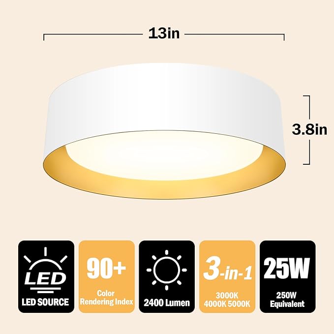 BrightHome Flush Mount Ceiling Light White, 25W LED Ceiling Light Fixture 250W Equivalent, CCT Adjustable 3000K 4000K 5000K, 13in Modern Dimmable Flush Mount Light Fixture for Bathroom Hallway