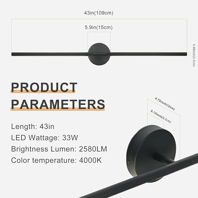 Matte Black Bathroom Light Fixtures Over Mirror 43 Inch, 33W 360° Rotatable Dimmable 4000K Led Vanity Light Bar, Modern Bathroom Vanity Lights Above Mirror