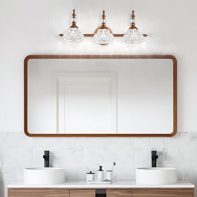 Vintage Vanity Light Fixture, 3 Lights Bathroom Lighting Matte Brushed Antique Brass Finish with Crystal Glass Shade, Vintage Vanity Light for Bathroom Bedroom Living Room