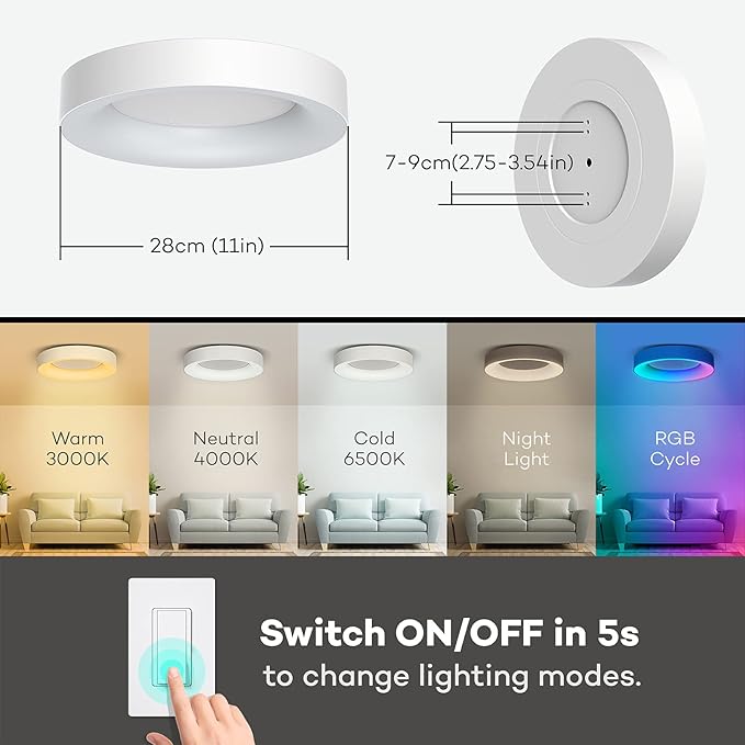 Annaror RGB Flush Mount Ceiling Light with Remote Control, 2400LM Dimmable Ceiling Light Fixture, 3000K-6500K Modern Low Profile Ceiling Lights for Bedroom Kids Room, 11in White