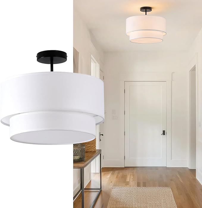 3-Light Semi Flush Mount Ceiling Light Fixture, 16 inch Drum Light Fixture with 2-Layer White Drum Fabric Shade, Entryway Ceiling Light Fixtures for Bedroom Dining Room