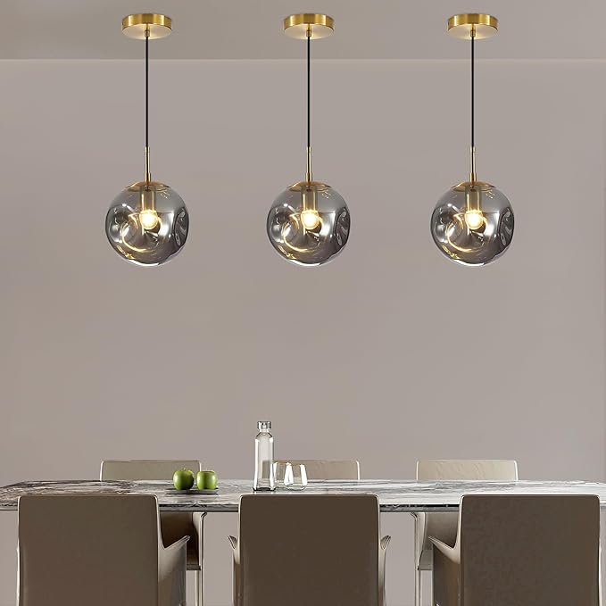 Modern Smoke Gray Concave Glass Pendant Light, 3-Pack Kitchen Island Lighting Single Globe Pendant Light Fixtures Century Kitchen Island Pendant Light for Bedroom Dining Room Light (Without Bulbs)