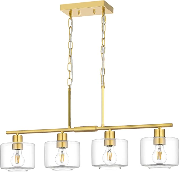 4-Light Brushed Gold Kitchen Island Lighting, Modern Linear Dining Room Chandelier Light Fixtures with Clear Glass and Chain, Mid Century Hanging Lights for Kitchen Island, OS-YQ8153-4ISBGC