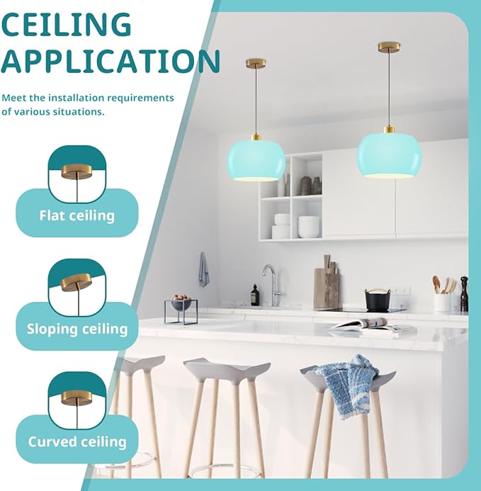 Pendant Light Mid Century Modern Pendant Lighting Blue Glass Hanging Lights Over Table Light Fixtures Adjustable Gold Hanging Lamps for Dining Room Kitchen Island, Easy to Install, 1-Light