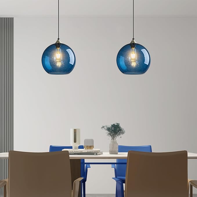 Modern 2-Pack Glass Globe Pendant Lights, Blue Modern Pendant Lighting for Kitchen Island, Clear Glass Hanging Lamps for Dining Room Living Room Bedroom, Medium 5.9 Inch Fixture (Bulbs Not Included)