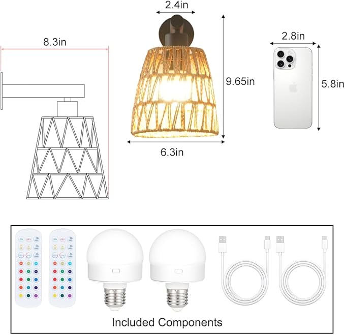 Boho Battery Operated Wall Sconces, Rattan Wall Sconce Set of 2 with Remote, RGB 15 Colors Dimmable Rechargeable Wall Light, Black Indoor Wireless Wall Lamp, Farmhouse Rattan Wall Lighting for Bedroom