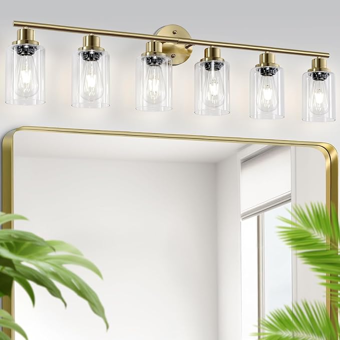6-Light E26 Gold Bathroom Vanity Lights, Modern Bathroom Light Fixtures with Clear Glass Shade, Wall Lamps for Mirror Hallway Kitchen Cabinet Living Room Sconces Lights