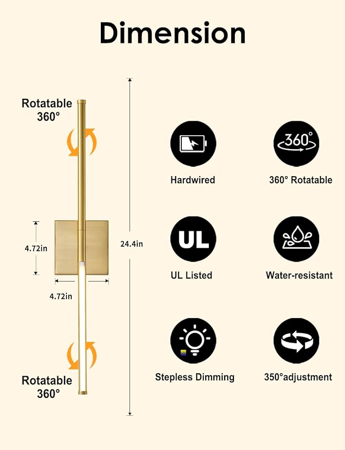KARTOOSH 24.4 Inch Hardwired Wall Sconces Set of Two, 3000K Warm White Dimmable Modern Wall Sconces, 350° Rotate LED Light Fixtures Wall Lamp for Bathroom Living Room Bedroom Bedside, Brushed Brass