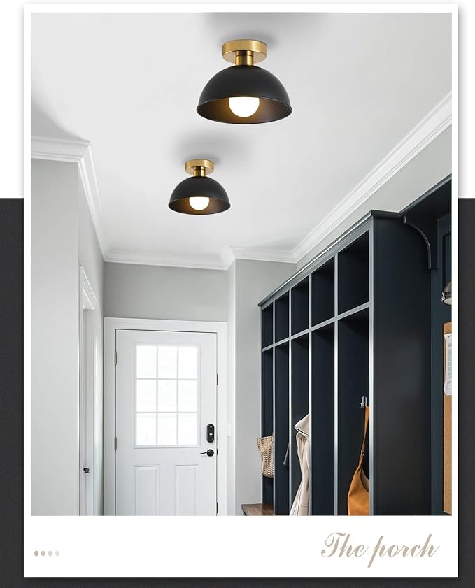 Industrial Semi Flush Mount Ceiling Light with Gold Plate and Matte Black Shade, Farmhouse Ceiling Light Fixture for Kitchen Island Dining Room Foyer Hallway Porch Barn Loft,10in (Black)
