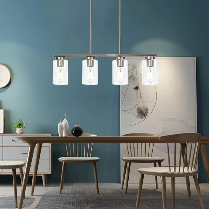 TODOLUZ Modern Kitchen Island Light with Clear Glass Shades, 4-Lights Hanging Lighting Fixtures in Brushed Nickel for Dining Room