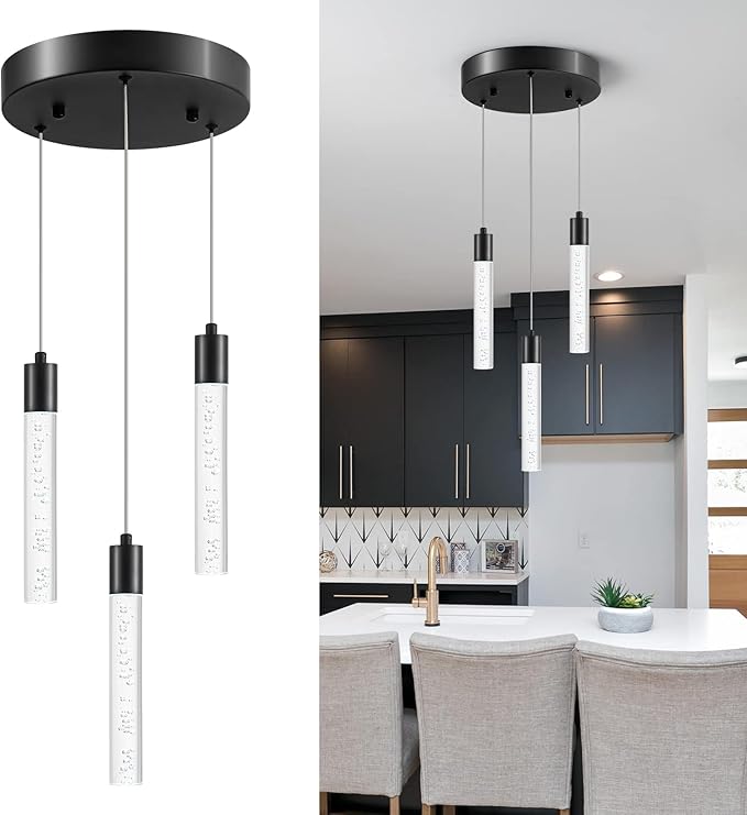 3 Black Pendant Lights Kitchen Island Modern with Adjustable Height - Clear Cylinder Island Lights, 3000-6000K Dimmable Kitchen Pendant Lighting for, Dining Room, Bar Counter