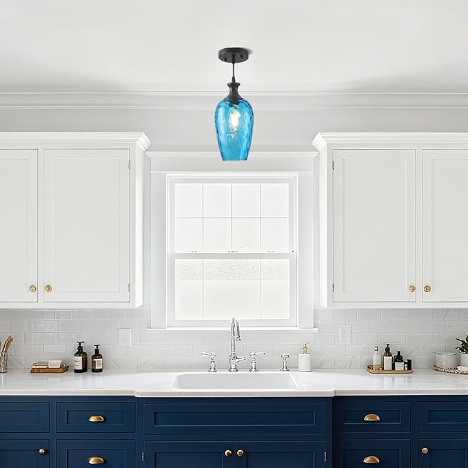 Pendant Lights Kitchen Island 2 Pack, Blue Glass Pendant Light Fixtures with Hammered Glass, Modern Hanging Light for Kitchen Sink Dining Room Bedroom