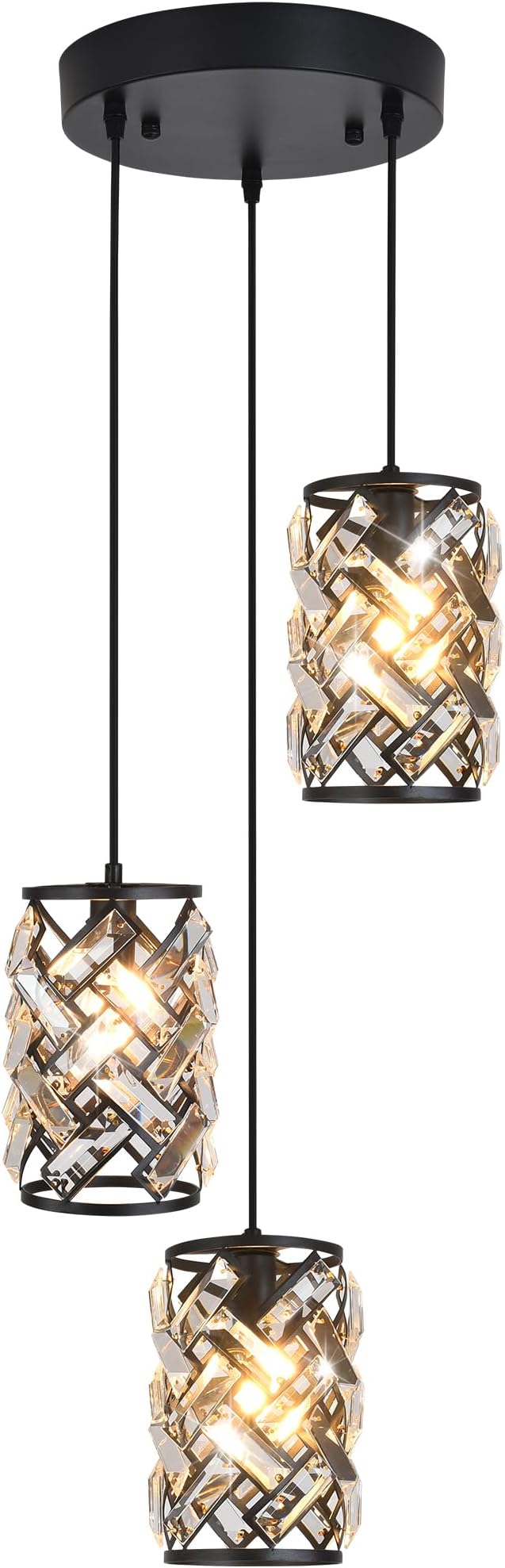 Black Crystal Pendant Lights Kitchen island, Adjustable Hanging Chandelier with Ambient Lighting, 51 Inch Chain, E12 Base, Plated Modern Farmhouse Fixture for Dining Room, Bedroom, Living Room