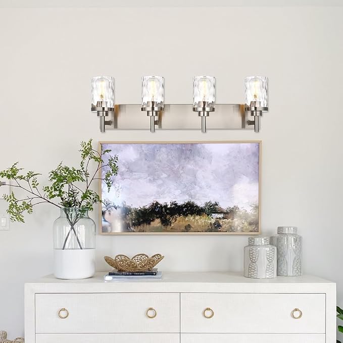 Bathroom Vanity Lighting Fixtures 4 Lights,Brushed Nickel Bathroom Vanity Lights with Clear Hammered Shade Wall Sconce Lighting Modern Farmhouse Bath Lighting