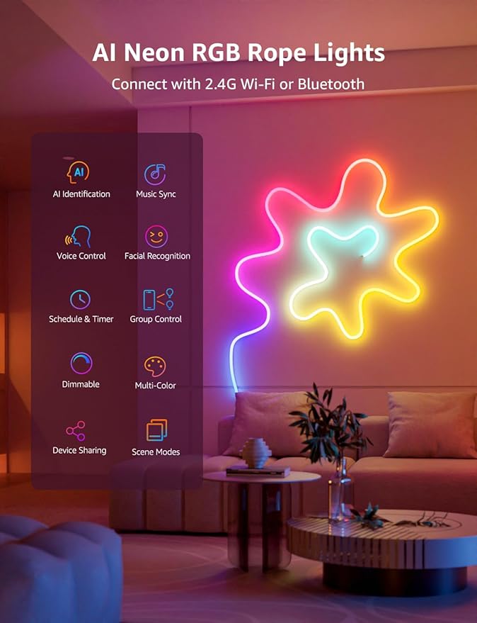 Lepro N1 AI Smart RGB Rope Lights for Christmas, Personalized AI Lighting Designer, LightBeats Music Sync, Color Segment DIY, Voice Control Via App, 19.68ft Wi-Fi & Bluetooth LED Strip Lights