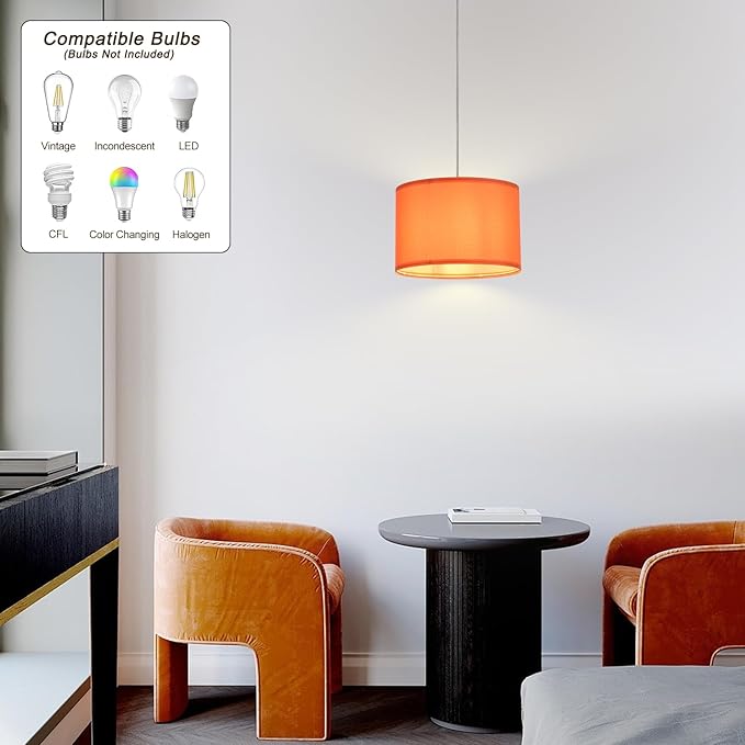 2 Pack Plug in Pendant Light, Hanging Light with 15Ft Clear Cord, On/Off Switch, Dark Orange Fabric Lamp Shade, Hanging Light Fixture for Bedroom, Kitchen
