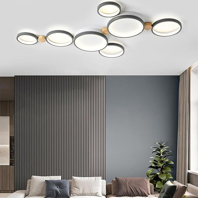 7-Lights LED Ceiling Light Fixture,42 Inch Modern Ceiling Lights Flush Mount Wooden 47W Dimmable Chandelier for Living Room Bedroom Kitchen,3000K/4000K/6000K Temperatures Selectable Grey