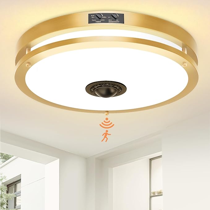 24W LED Motion Sensor Outdoor Ceiling Light, 12IN 2700K/3000K/3500K/4000K/5000K Adjustable Ceiling Lights, Dusk to Dawn Flush Mount LED Ceiling Light Fixture for Porch, Garage, Gold