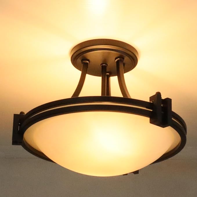 Matte Black Semi Flush Mount Ceiling Light Modern Farmhouse 2-Light Milk Glass Ceiling Light Fixture for Hallway Bedroom Kitchen, 12-Inch