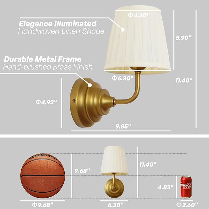 Vintage Gold Wall Sconce Light Brass Bathroom Vanity Light with Cream Fabric Shade Hardwire Modern Wall Sconces Lamp for Bedroom Living Room Bathroom Kitchen Indoor E26