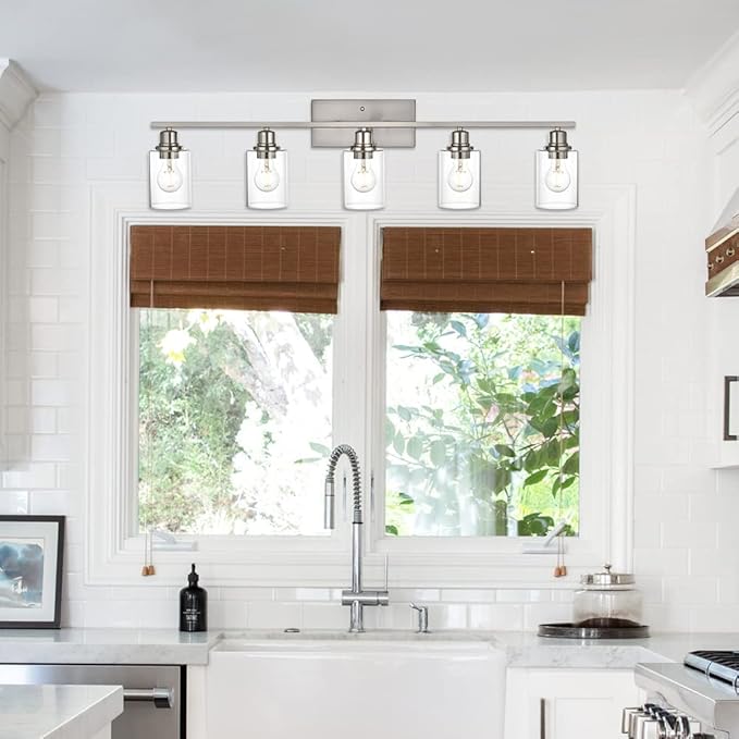 VINLUZ 5-Light Bathroom Vanity Light Fixtures in Brushed Nickel Finish Indoor Wall Sconce Lighting Over Mirror with Clear Glass Shade for Living Room, Bedroom, Hallway