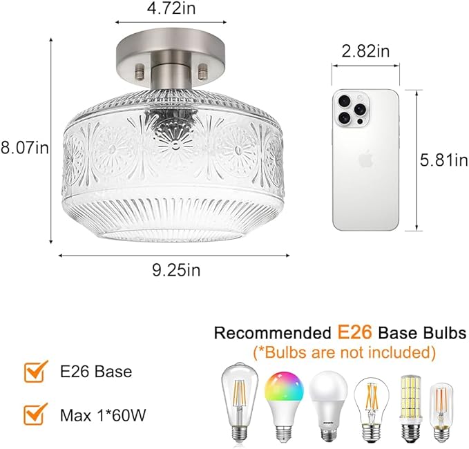 DSMJFU Semi Flush Mount Ceiling Light, Vintage Small Ceiling Light Fixture, Thickened Glass Hallway Light Fixture, Brushed Nickel Kitchen Ceiling Mount Lamp for Entry Way, Bedroom, Bathroom