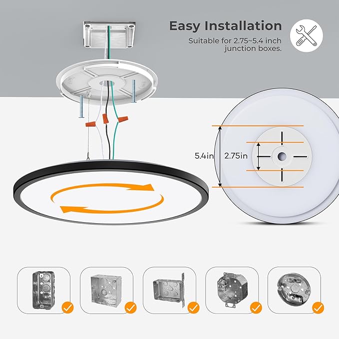 Matane 15.4in Dimmable LED Flush Mount Ceiling Light with Night Light, 36W Ceiling Lighting Fixture, 3000K/4000K/5000K Selectable, Low Profile Ceiling Lights for Bedroom, Kitchen, Hallway, Black