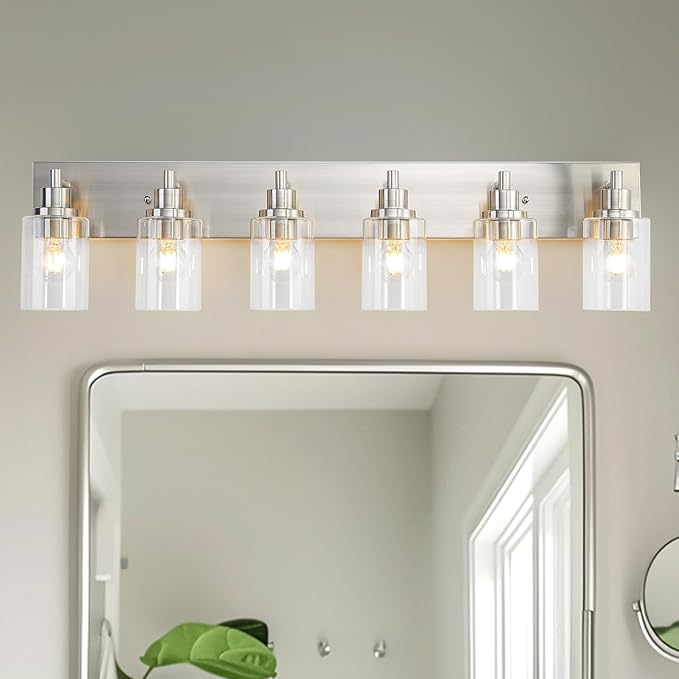 LOUSACE 6 Light Bathroom Vanity Light Brushed Nickel, Bathroom Lighting Fixtures with Clear Glass Shades Over Vanity Mirror, Modern Wall Sconces Fixtures for Bedroom Living Room, E26 Socket