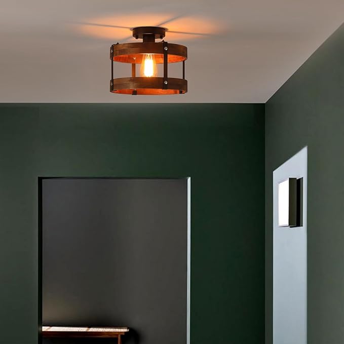 Rustic Farmhouse Wood Flush Mount Ceiling Light Fixture 1 Light Oak Wood and Metal Round Drum Semi Flush Mount Ceiling Light for Kitchen Hallway Entryway Bedroom Farmhouse Country, Black