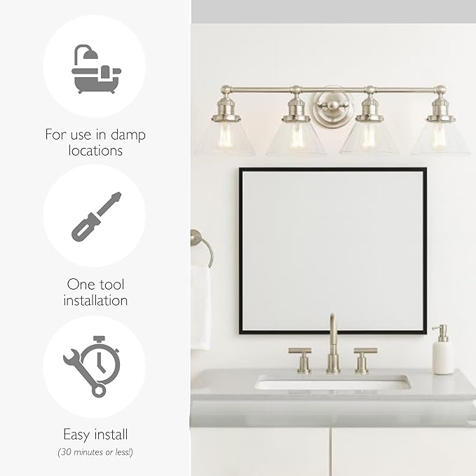 Design House Augustin Vanity Light, 4-Light, Seeded Glass Warm Glow, Dimmable, Up/Down Glow, Easy Installation, E26 Socket, Satin Nickel, 34.9 in L x 8.3 in D x 11.1 in H, 589044-SN