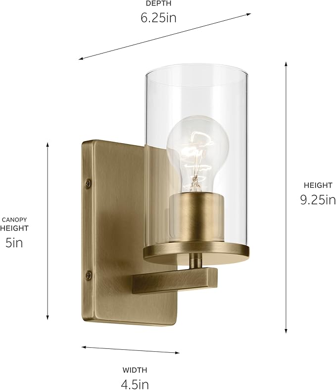 Kichler Crosby 4.5" 1-Light Wall Sconce Bathroom Light Fixture with Clear Glass in Natural Brass for Powder Room, Hallway, Kitchen, Bedroom (4.5" x 9.25"), 45495NBRCLR