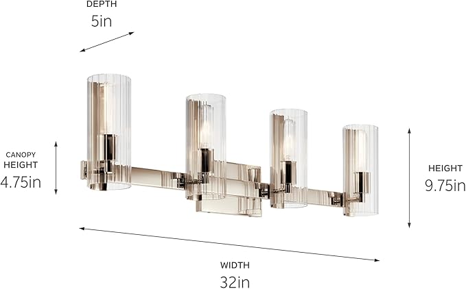 Kichler Jemsa 4-Light Bathroom Vanity Light Fixture with Clear Fluted Glass in Polished Nickel, Modern Wall Mount Light for Bathroom Over Mirror (9.75" x 32"), 55169PN