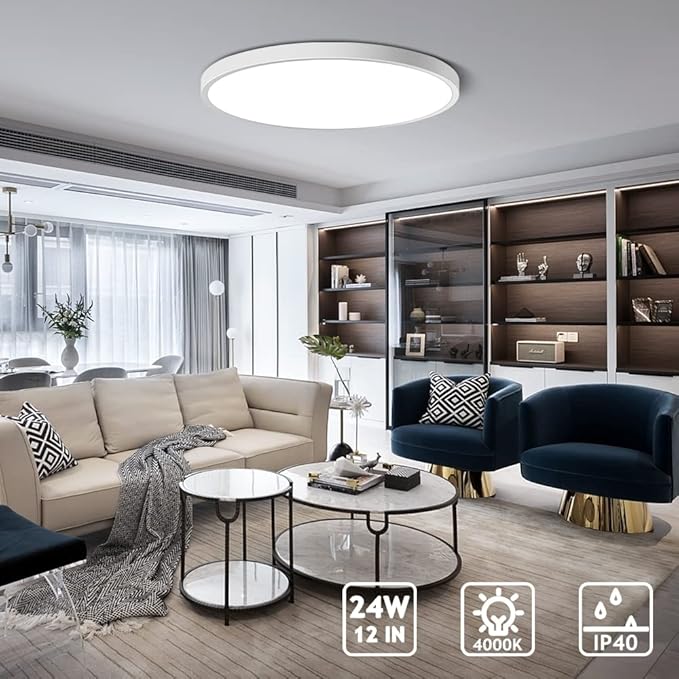 LEDLightsWorld 12 Inch LED Flush Mount Ceiling Light Fixture, Neutral White 4000K, 24W 3200LM, 0.94 Inch Thick Modern Ceiling Lamp, Round Lighting Fixture for Bedroom Closet Hallway Kitchen