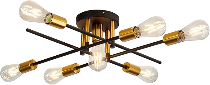 UOFUS 7-Light Semi Flush Mount Ceiling Light Fixture Matte with E26 Base Modern Black and Gold Chandelier Mid Century Modern Ceiling Lamp for Farmhouse Kitchen Dining Room Bedroom Living Room Bathroom