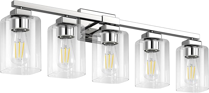 BesLowe 5-Light Bathroom Light Fixtures, Modern Chrome Bathroom Vanity Light, Bathroom Lighting Fixtures Over Mirror, Nickel Bathrom Wall Lamp, Wall Lights for Living Room Bedroom Hallway
