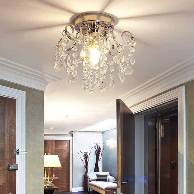 Q&S Small Crystal Chandelier,Flush Mount-Modern Mini Ceiling Light Fixture for Hallway/Entryway/Bedroom/Bathroom/Closet,Chrome Metal with K9 Crystal